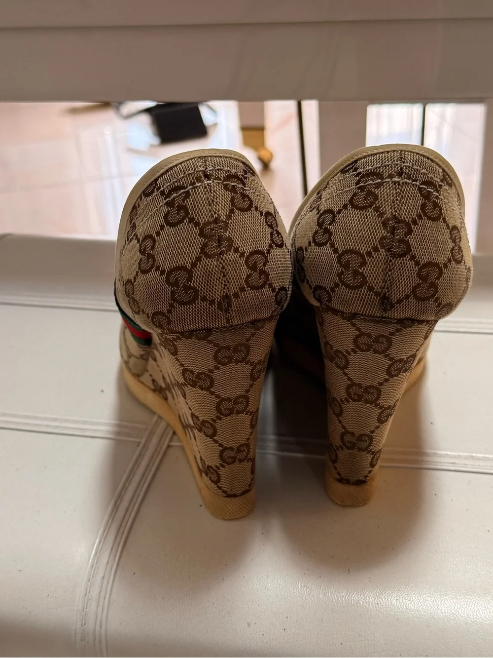 Gucci Brown Monogram Wedge Peep-Toe Pumps with Red-Green Web